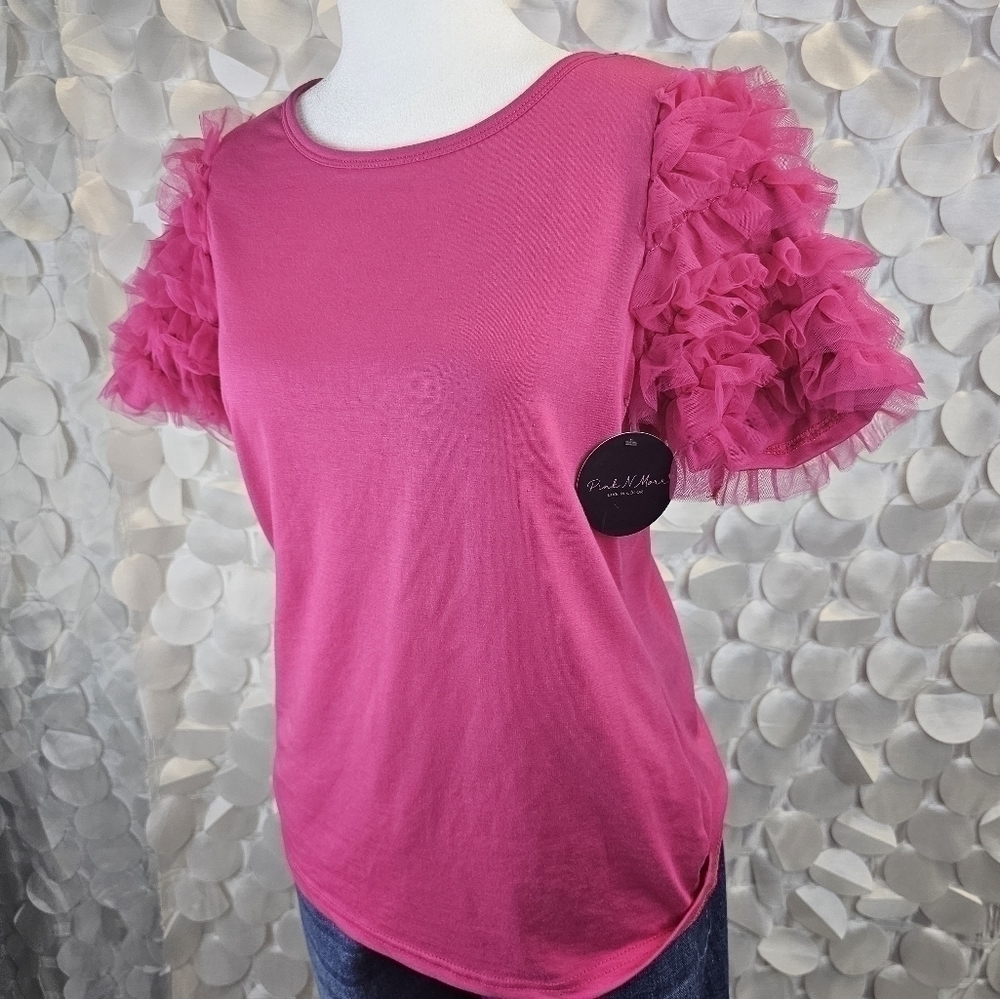 Hot Pink Ruffle Sleeve Tee – Statement Shoulder Top (S, M, L)